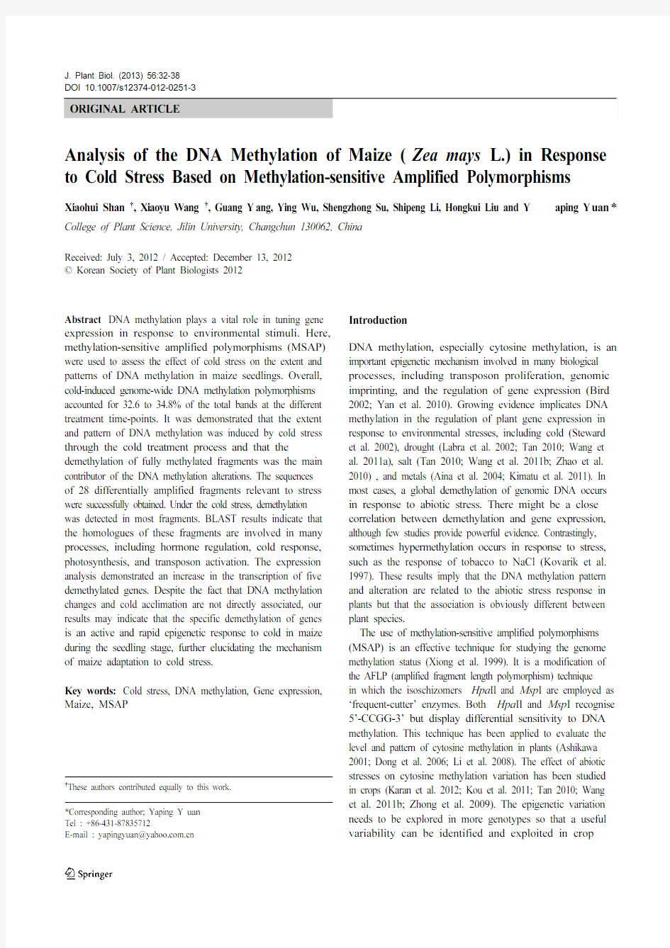 Analysis of the DNA methylation of maize in response to cold stress based on MSAP