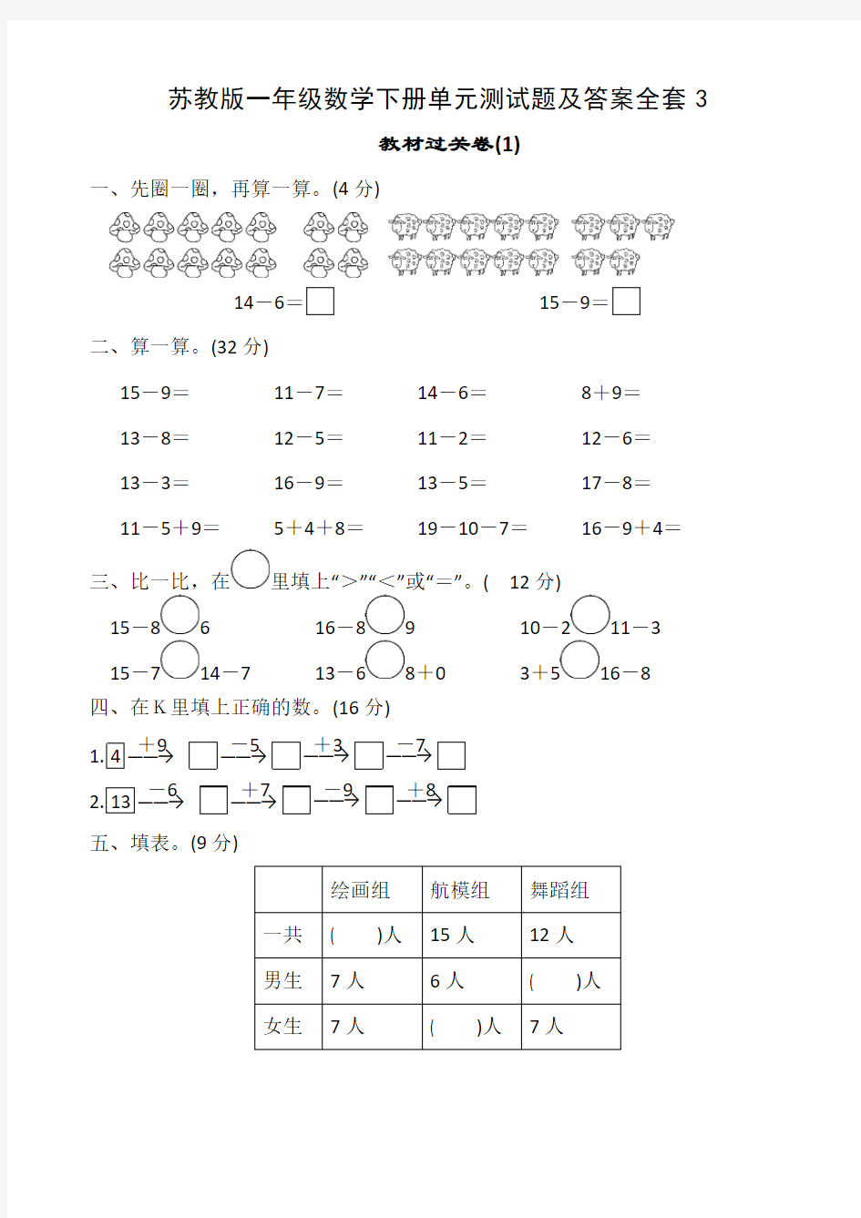 苏教版一年级数学下册单元测试题及答案全套3