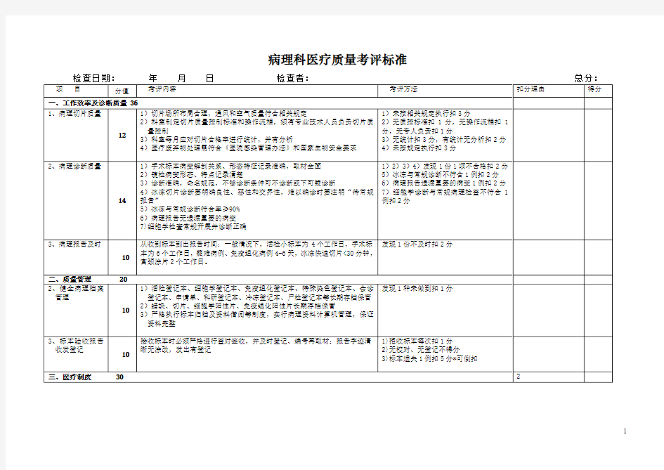 2019版病理科医疗质量考评标准