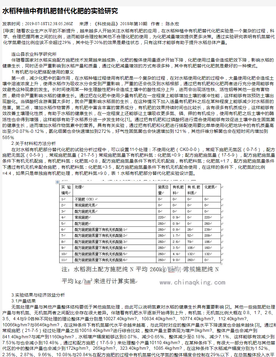 水稻种植中有机肥替代化肥的实验研究