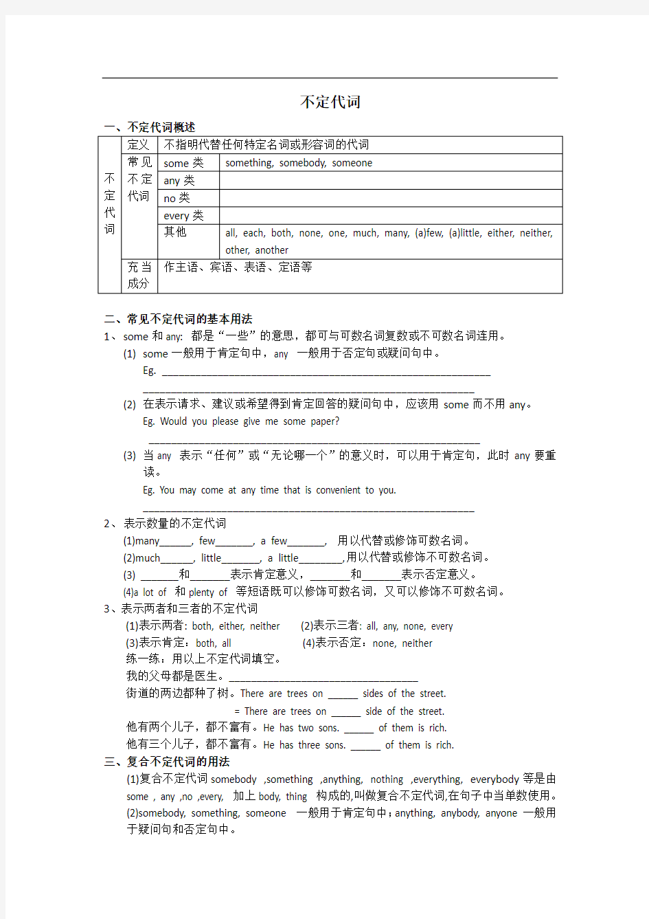 (完整版)初中英语不定代词讲解及习题