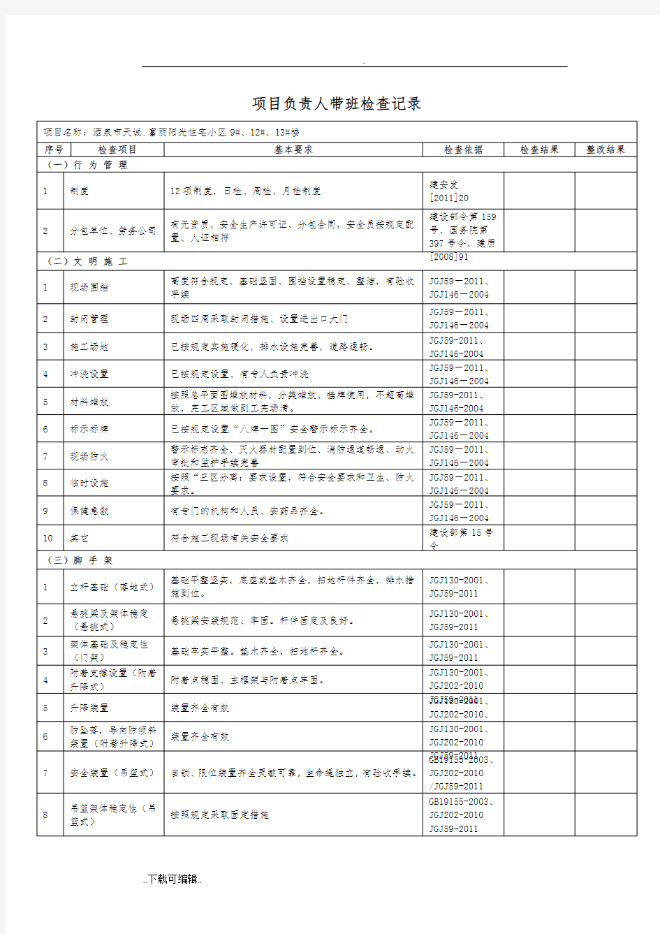 项目负责人带班检查记录文本