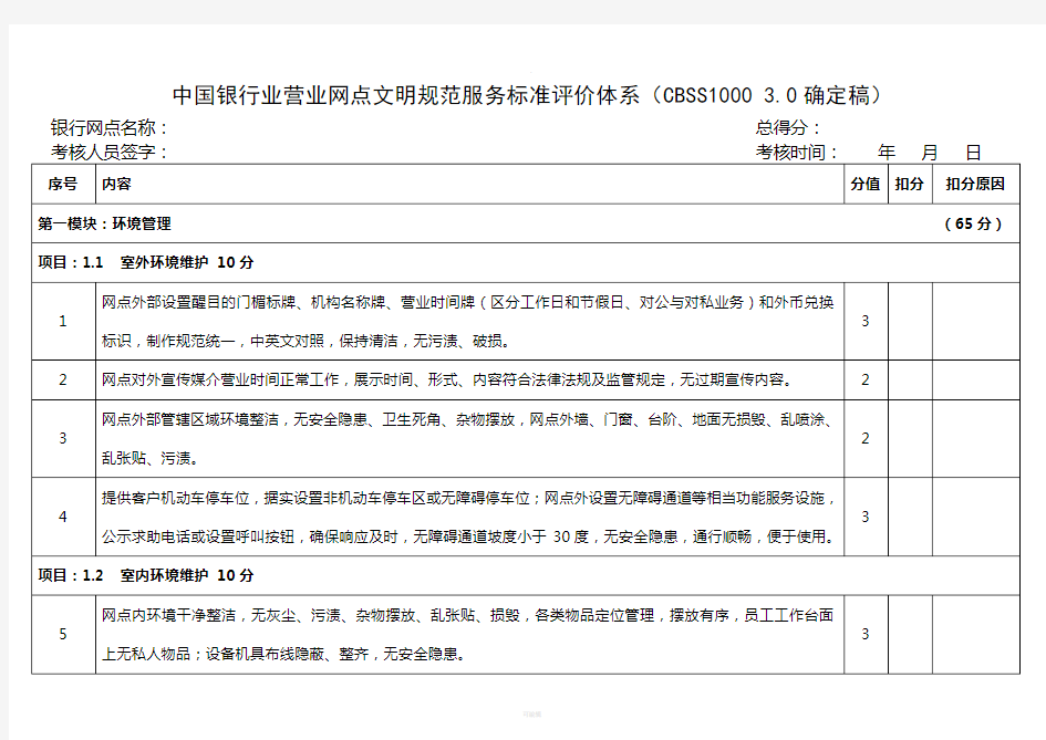 中国银行业营业网点文明规范服务标准评价体系(CBSS1000-3.0确定稿)