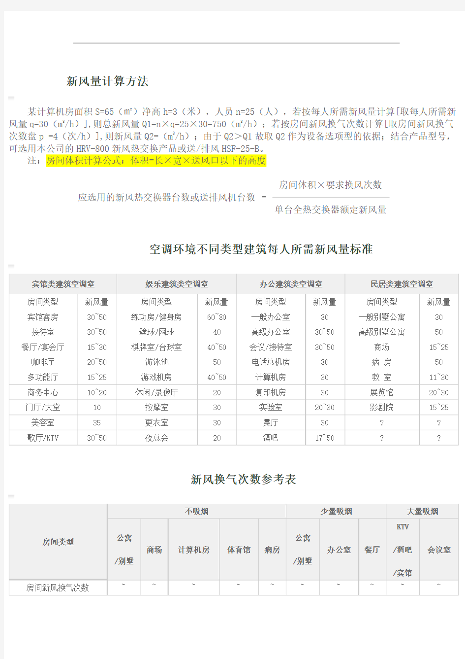 新风量计算方法