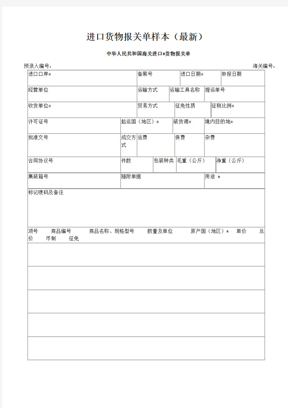 进口货物报关单样本