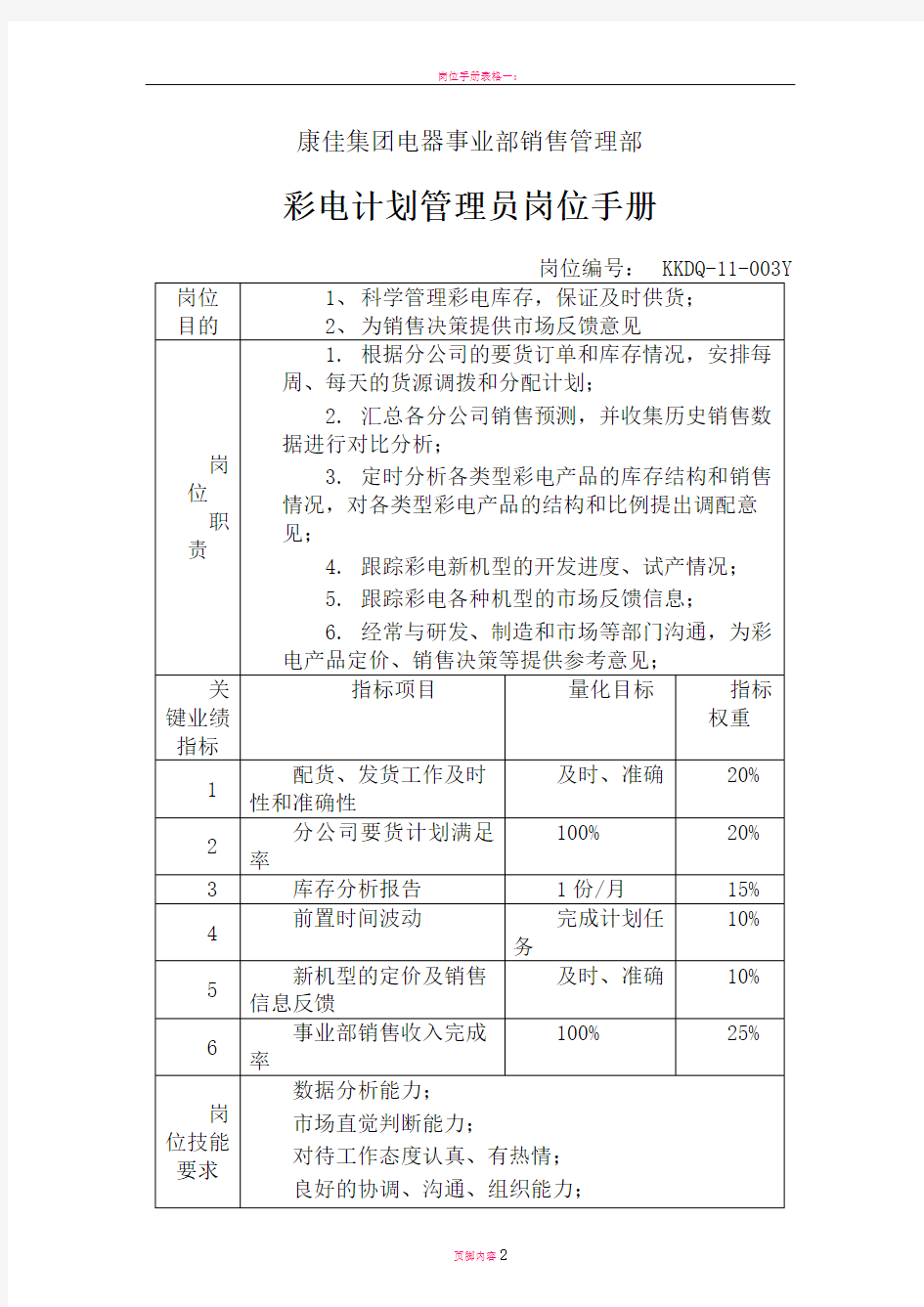 康佳集团各岗位职责说明书销售管理部彩电计划管理员岗位手册