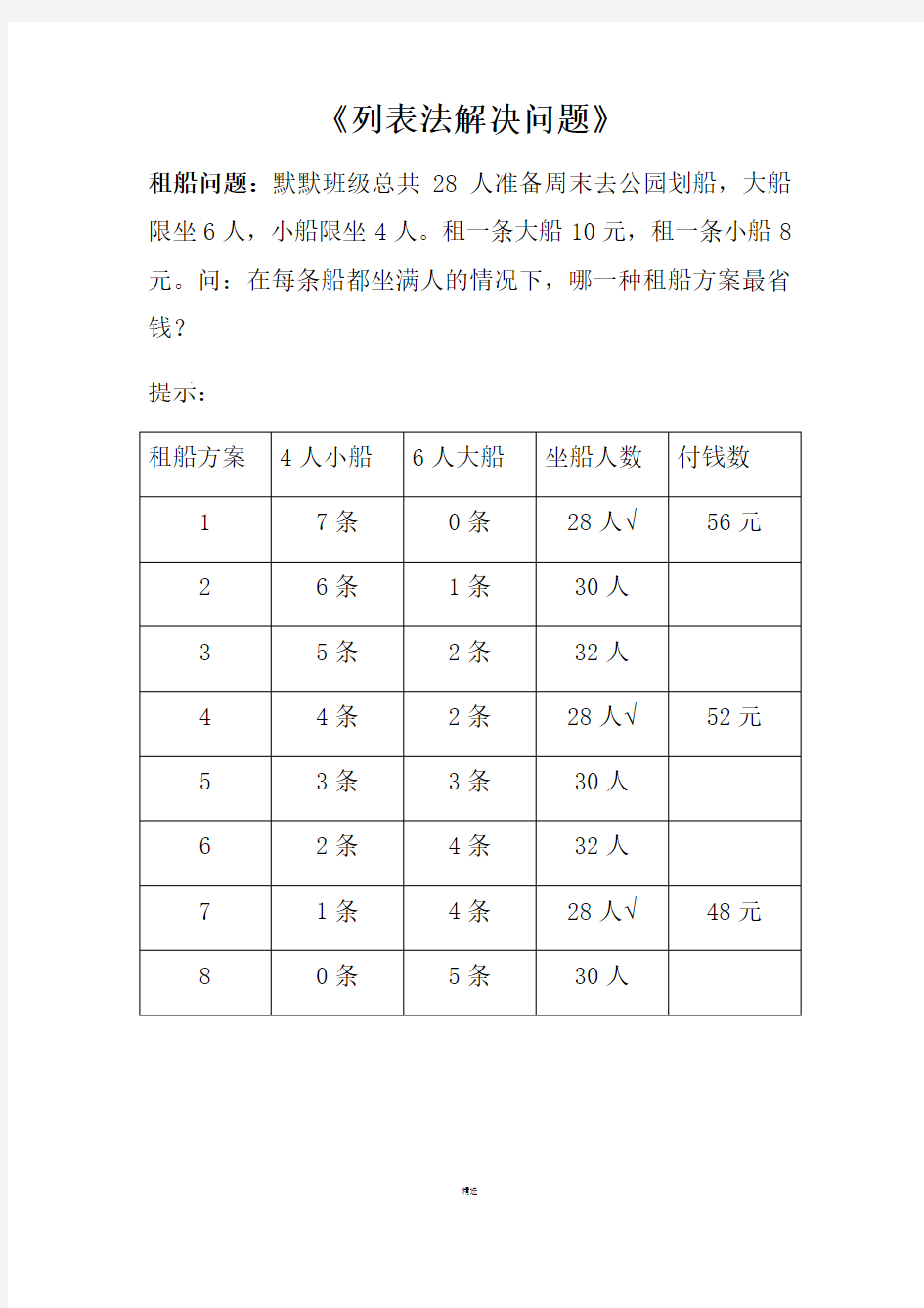 列表法解决问题-三年级上册数学(自己总结)