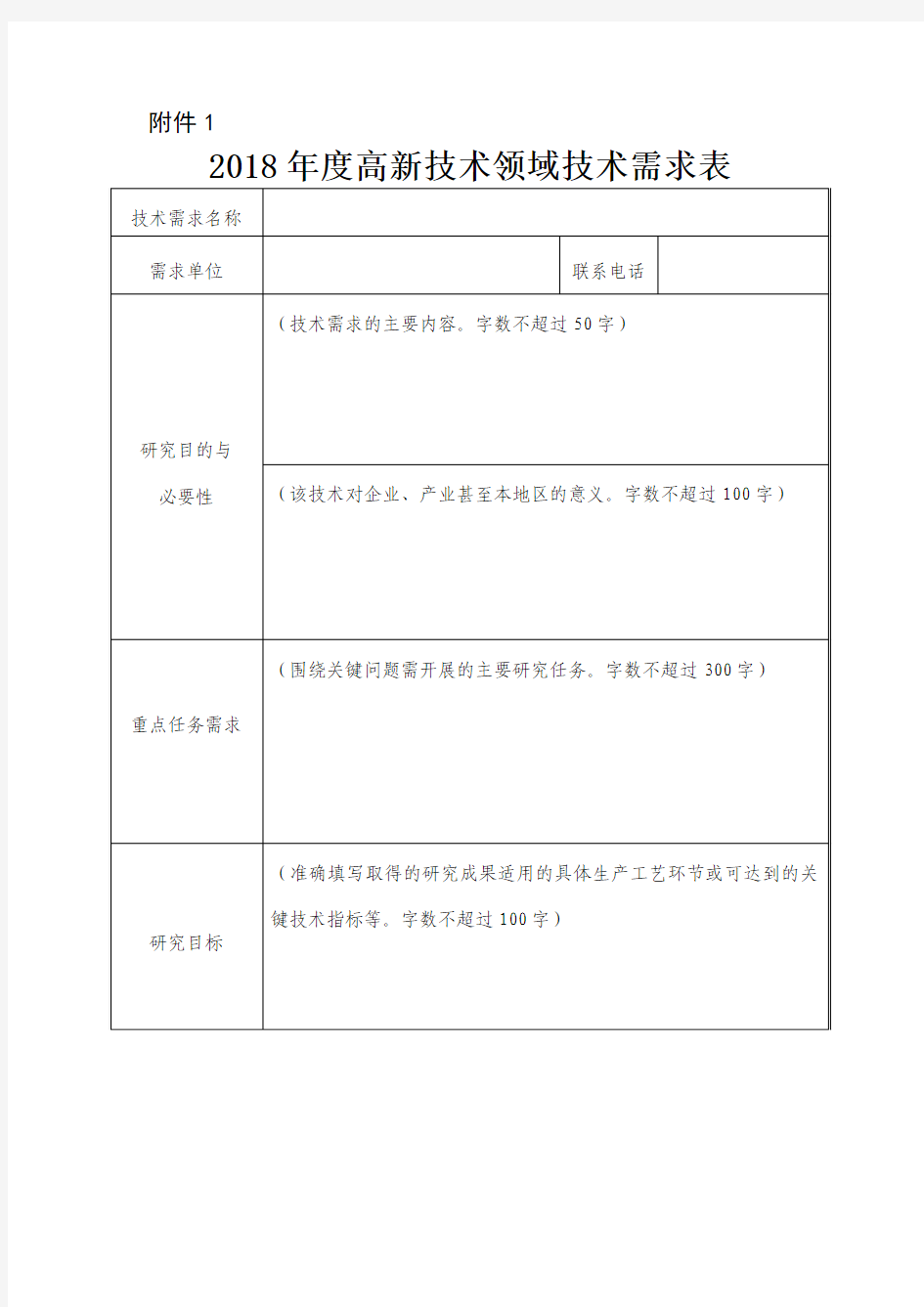 2018年度高新技术领域技术需求表