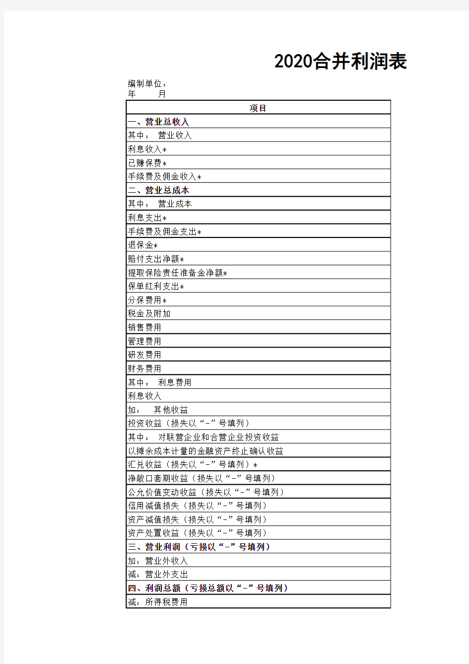 合并财务报表格式(2020版)