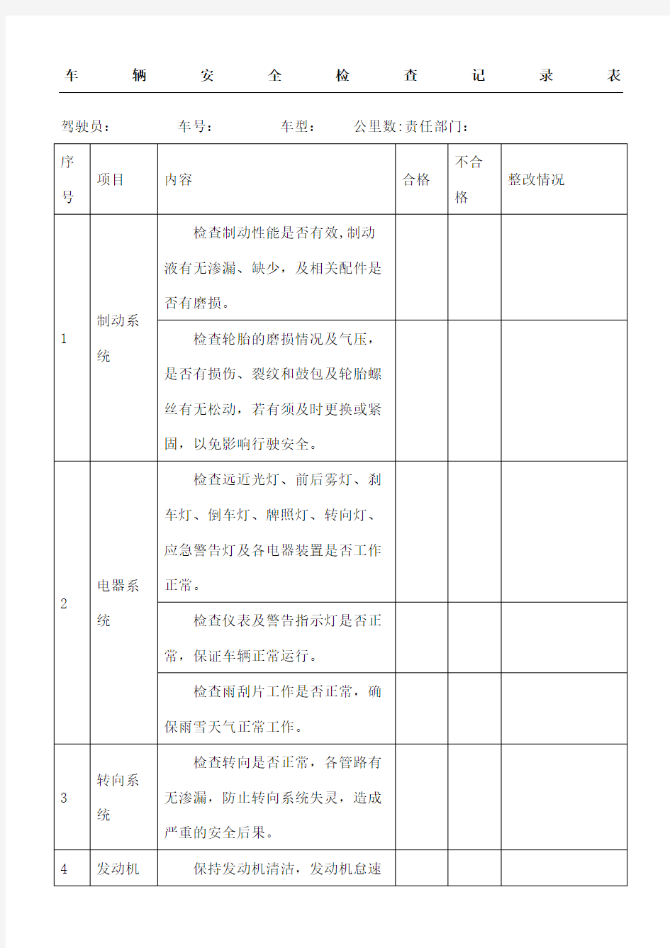 车辆安全检查记录表格