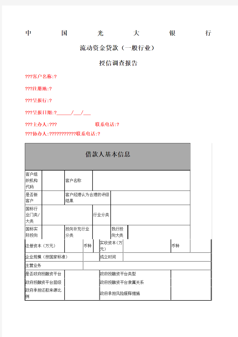 中国光大银行授信调查审查报告模版