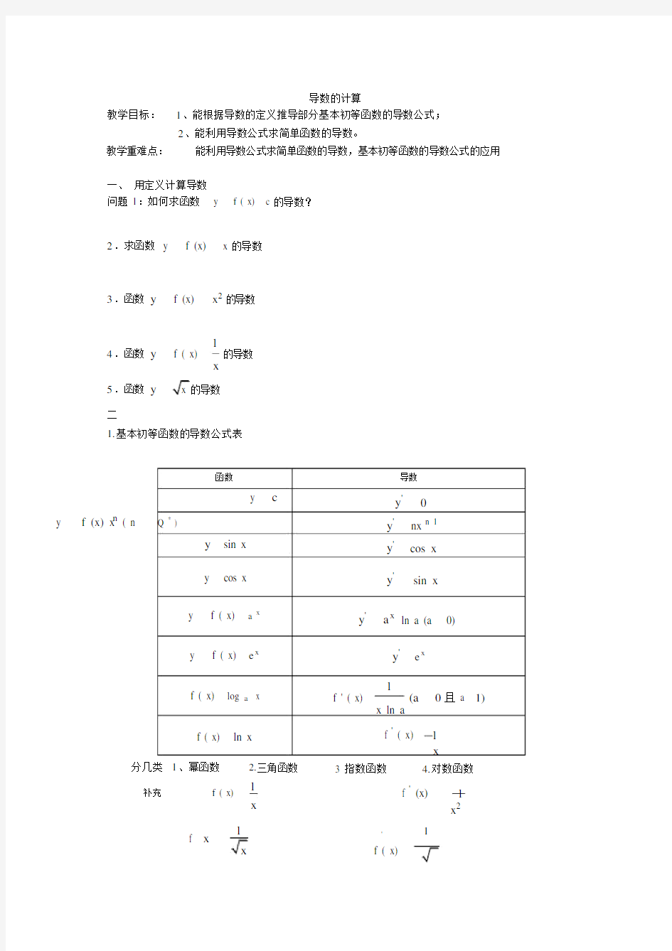 (完整word)高二数学选修2-2导数的计算.docx