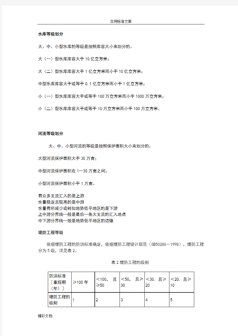 水利水工等级分类、水库等级、河流等级、堤防等级、拦河闸等级、河道等级、渠道等级、降雨量等级