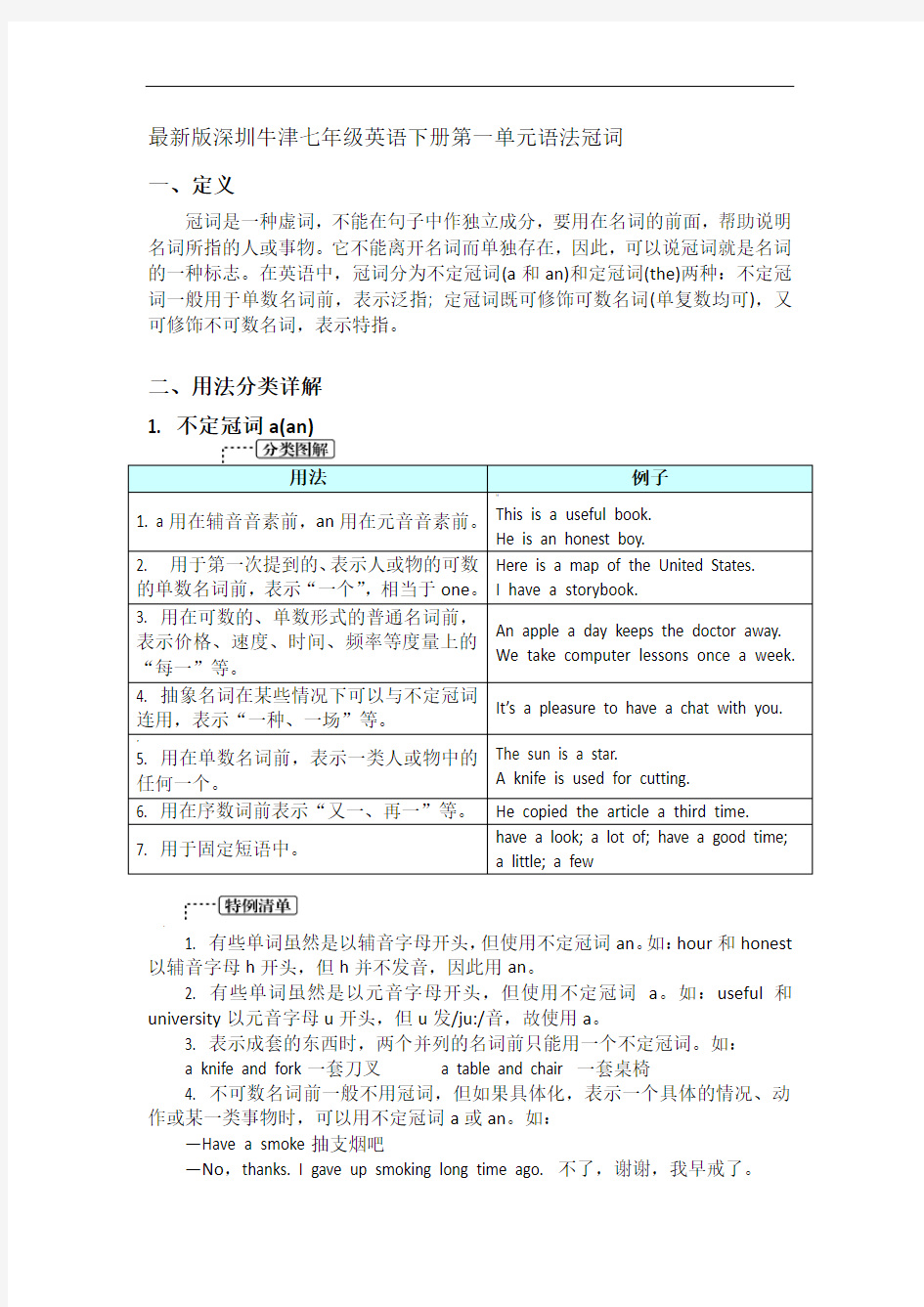 最新版深圳牛津七年级英语下册第一单元语法冠词