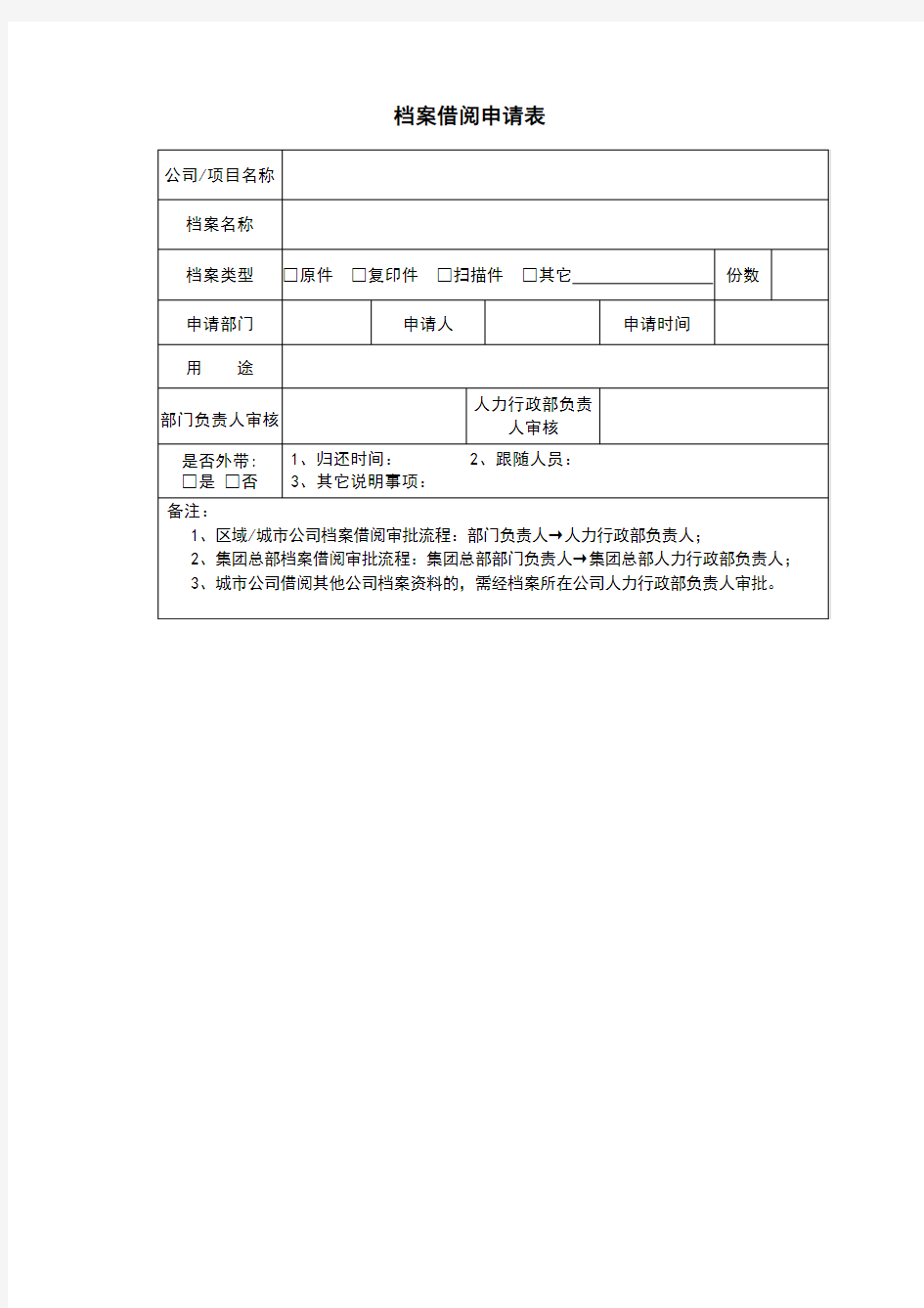 1档案借阅申请表