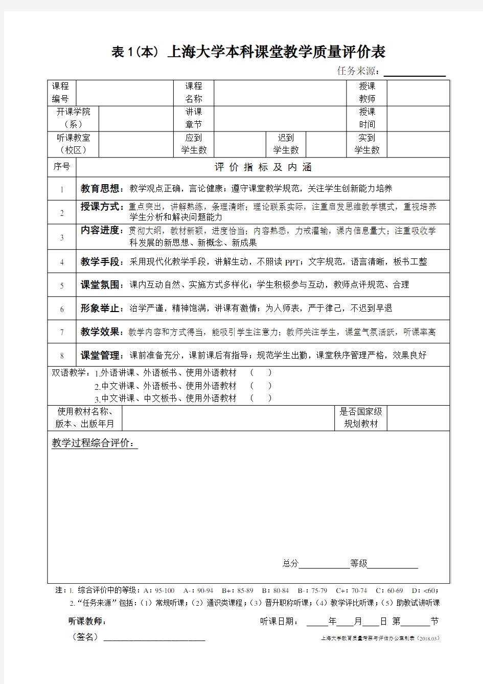 本上海大学本科课堂教学质量评价表