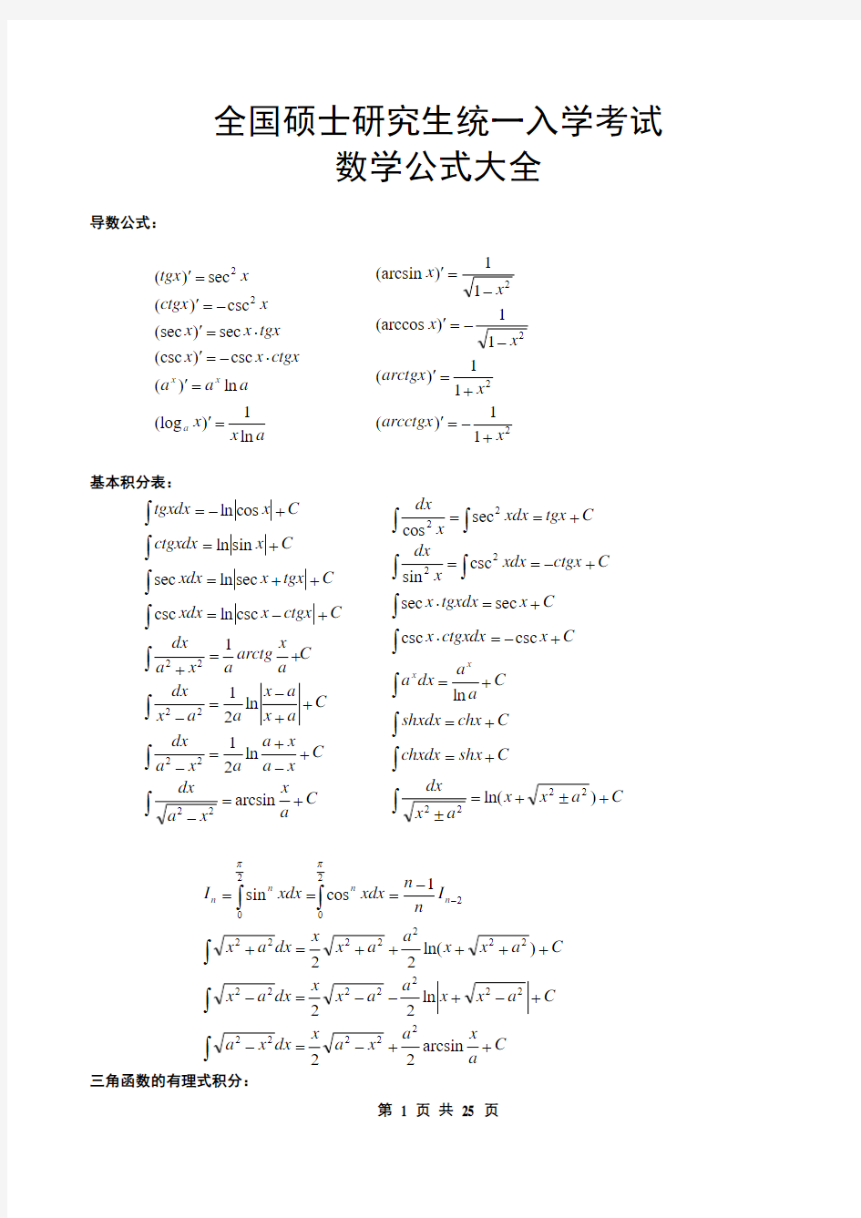 考研数学140分-必背公式大全