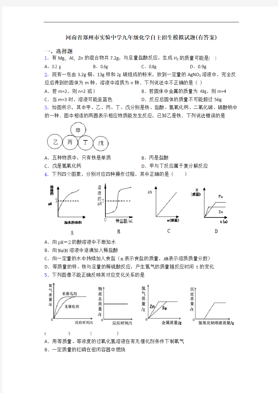 河南省郑州市实验中学九年级化学自主招生模拟试题(有答案)