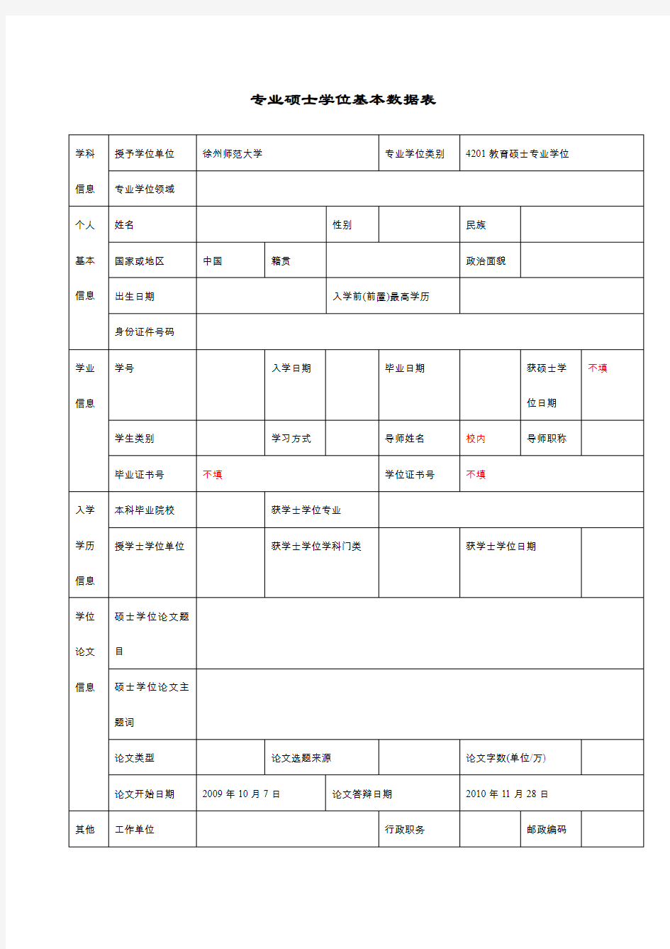 专业硕士学位基本数据表