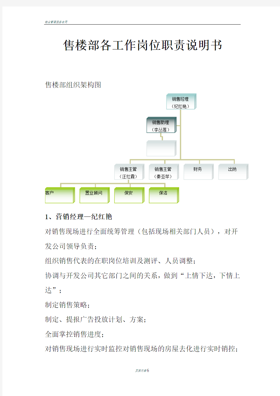 售楼部各工作岗位职责说明书