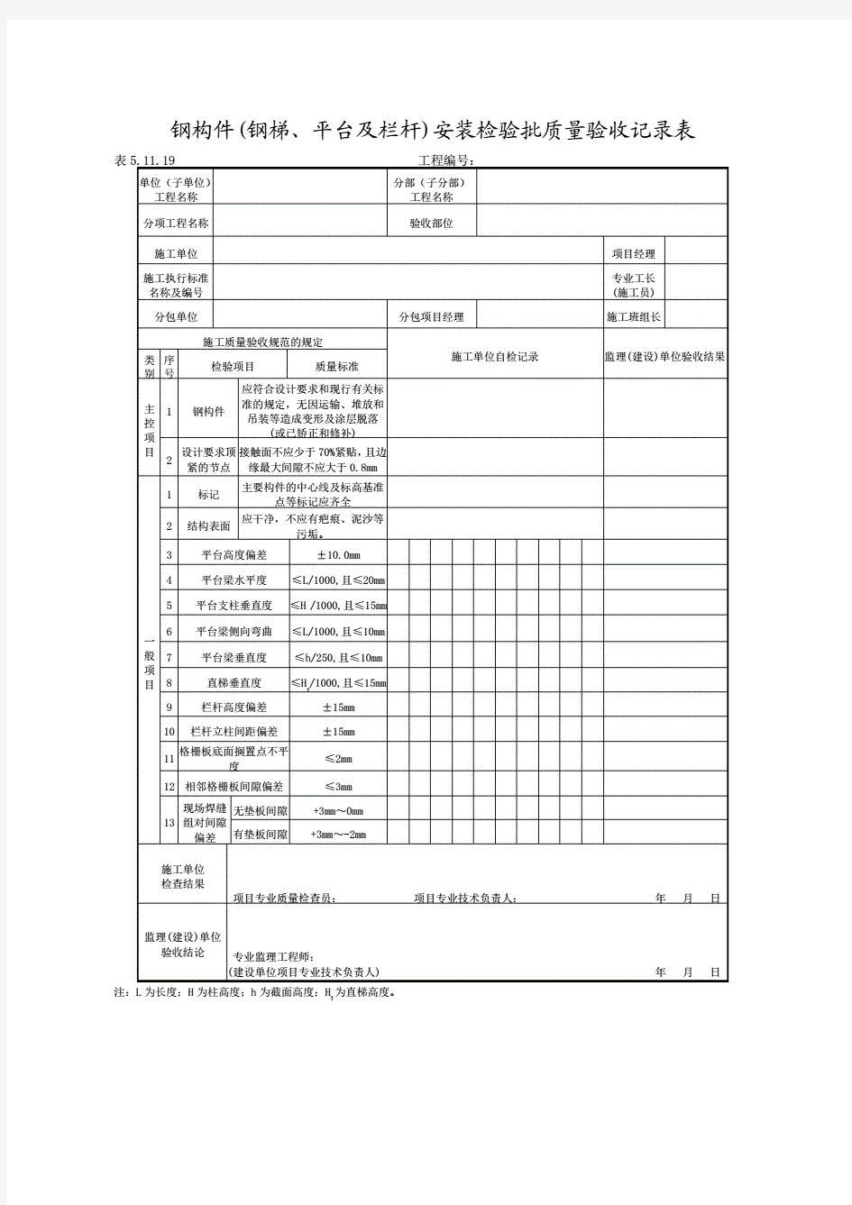 钢构件(钢梯、平台及栏杆)安装检验批质量验收记录表