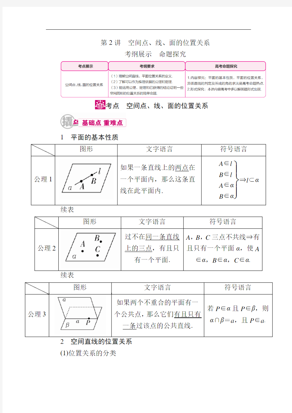 数学(文)一轮教学案：第八章第2讲 空间点、线、面的位置关系 Word版含解析