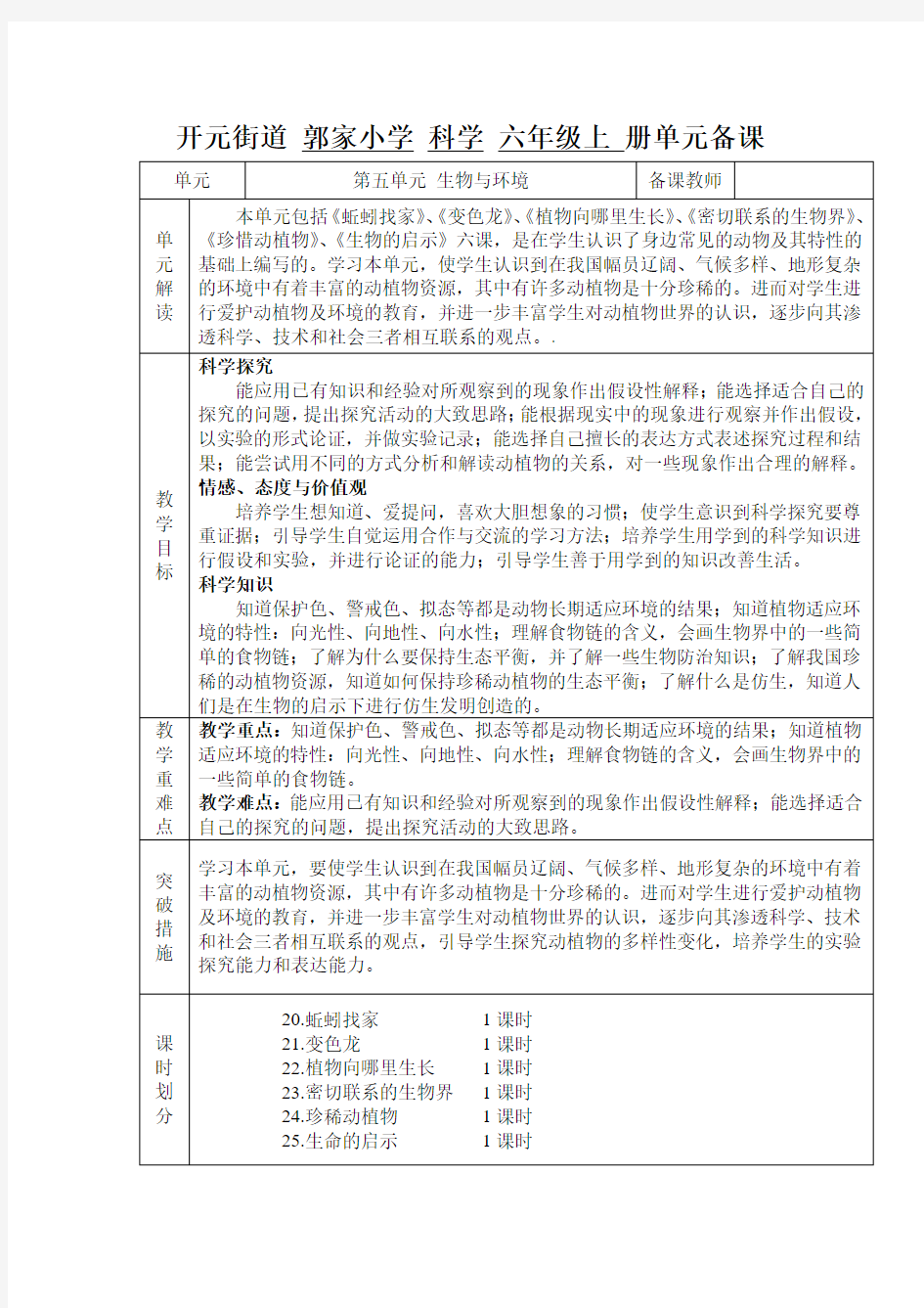 青岛版六年级上册科学第五单元单元备课