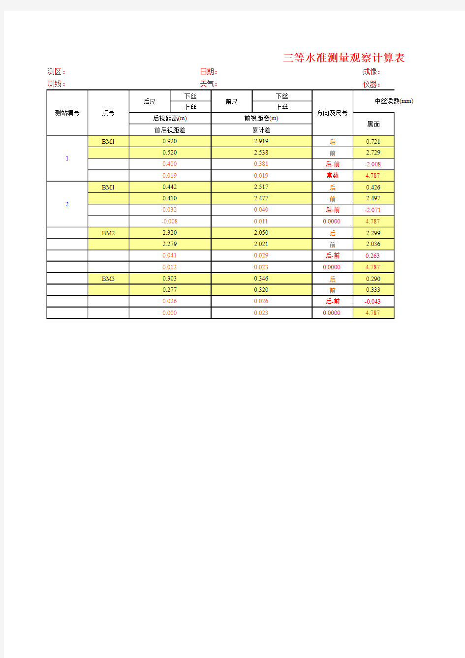 三等水准测量计算表