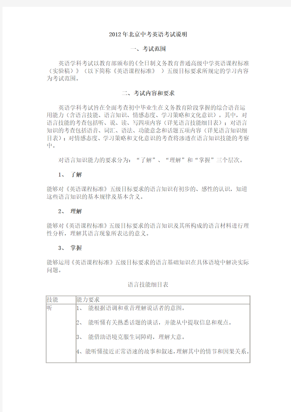 2012年北京中考英语考试说明