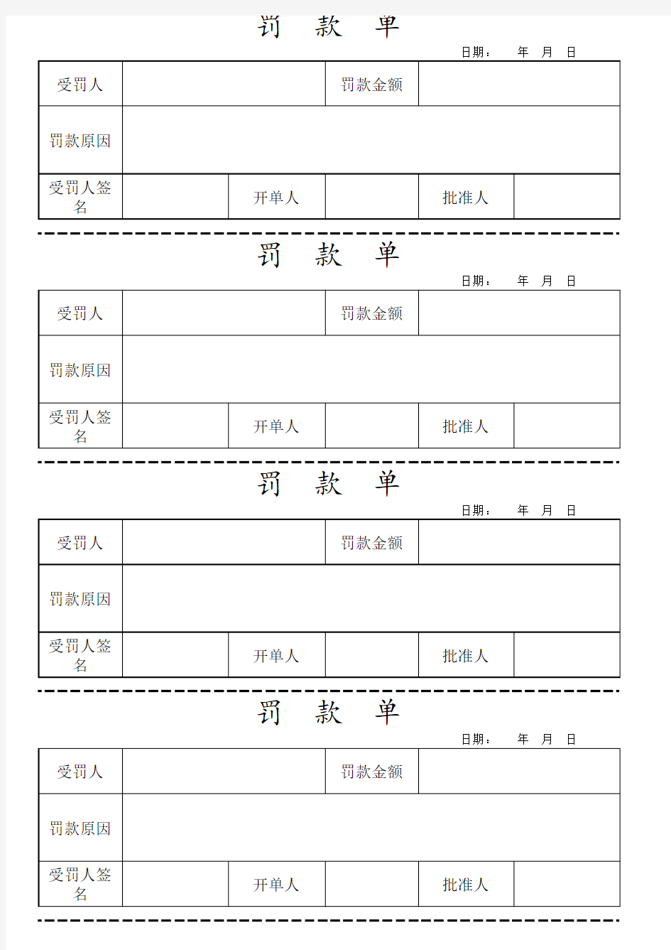 公司员工处罚单、罚款单