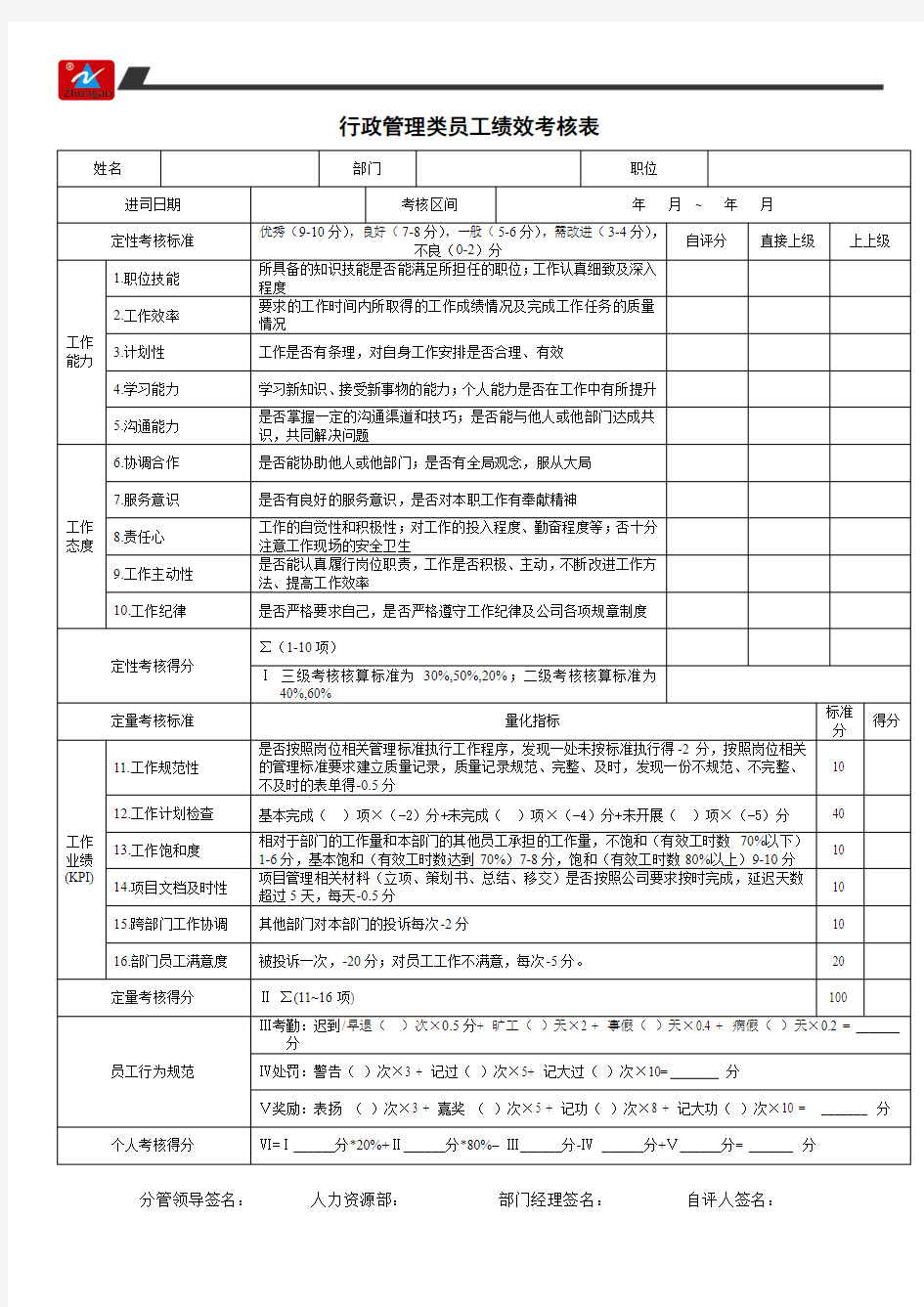 行政管理类员工绩效考核表