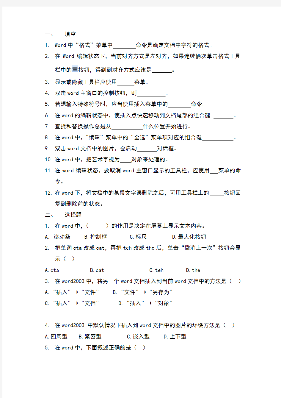 word 2003练习题