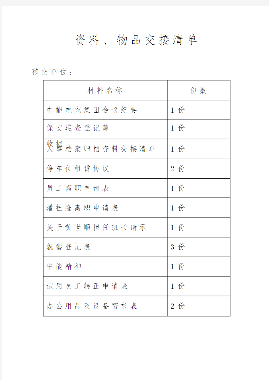 人事档案归档资料交接清单