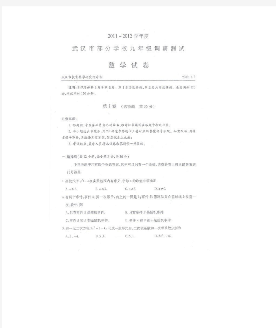 湖北省武汉市初三元月调考数学试题(版含答案)