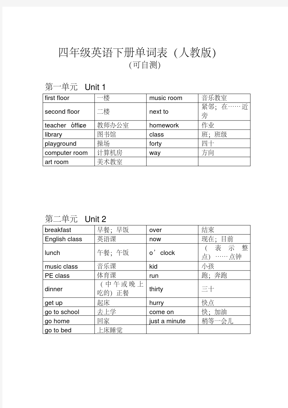  四年级下册英语单词人教版