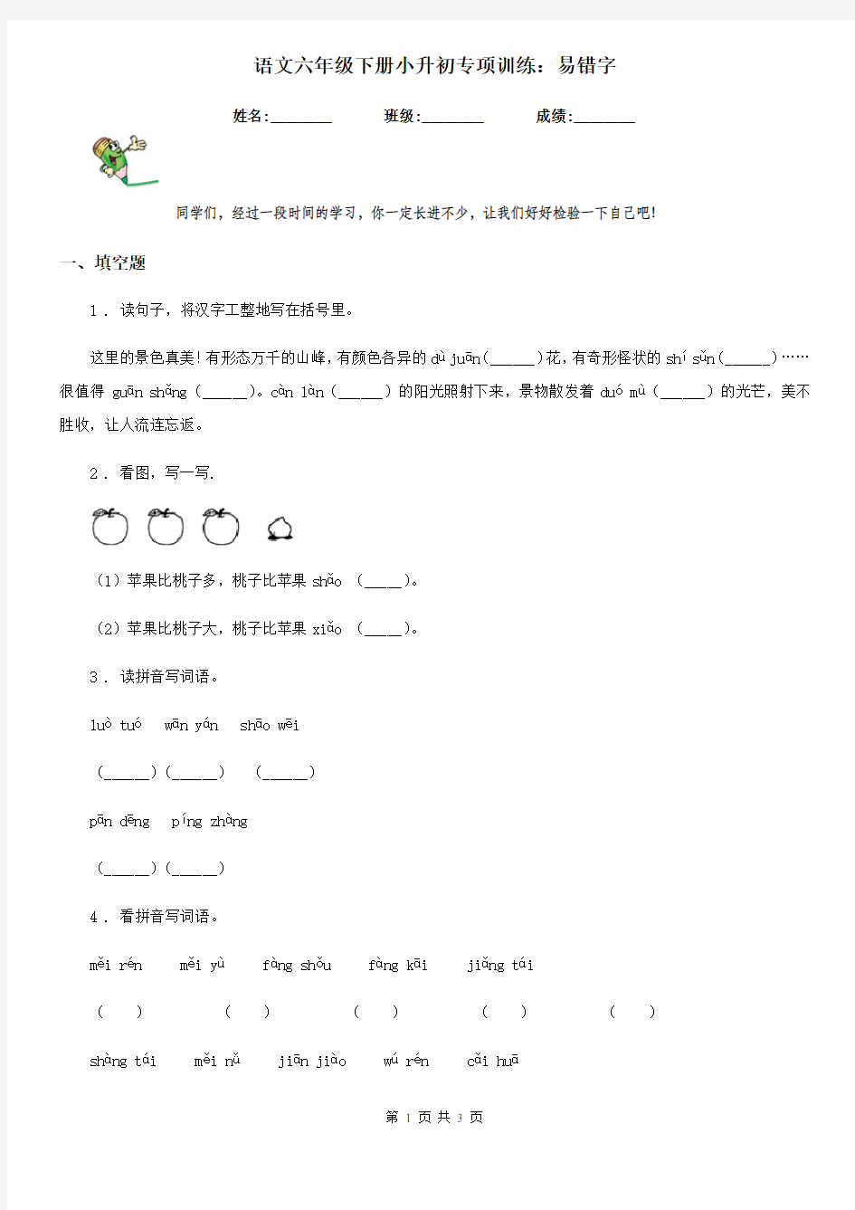 语文六年级下册小升初专项训练：易错字