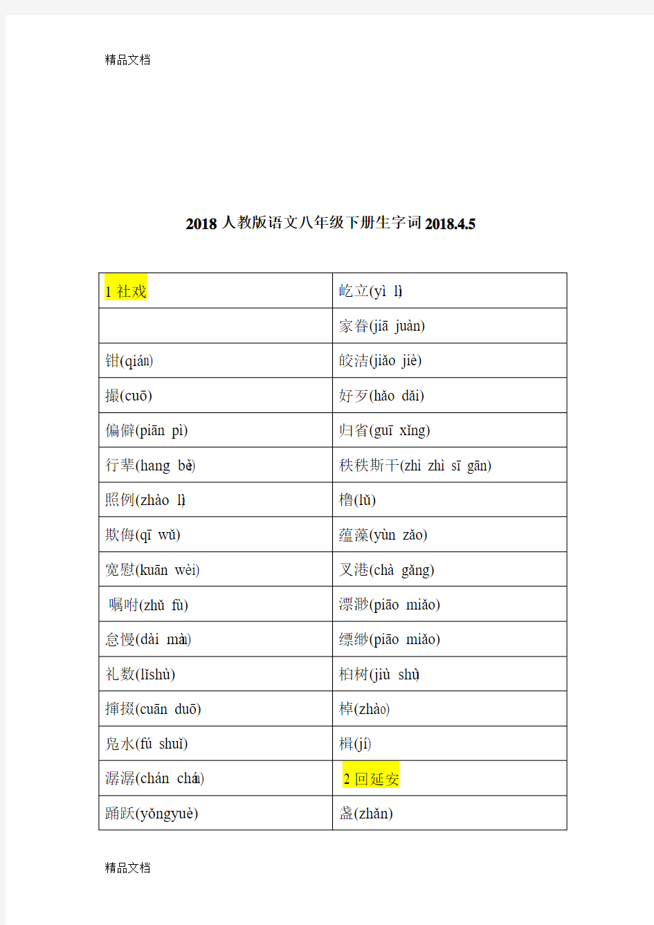 最新人教版语文八年级下册生字词