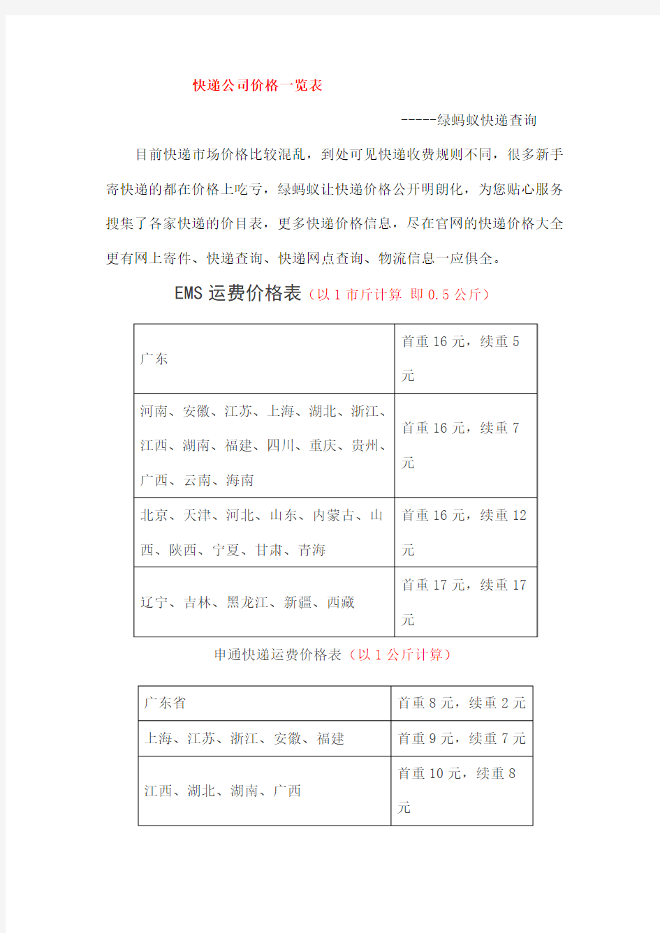 快递公司价格一览表