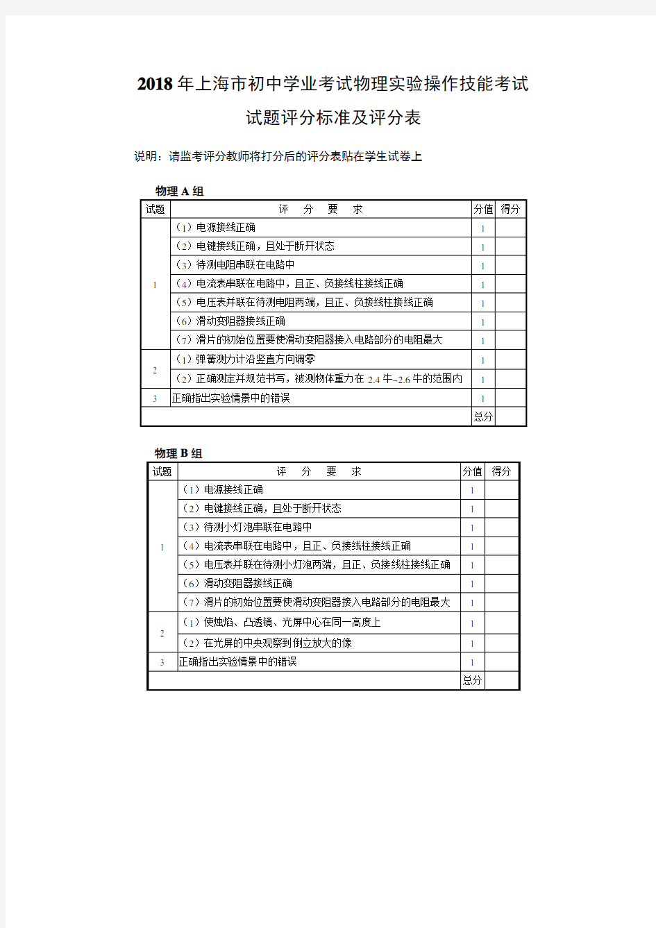 上海市初中学业考试物理实验操作技能评分标准