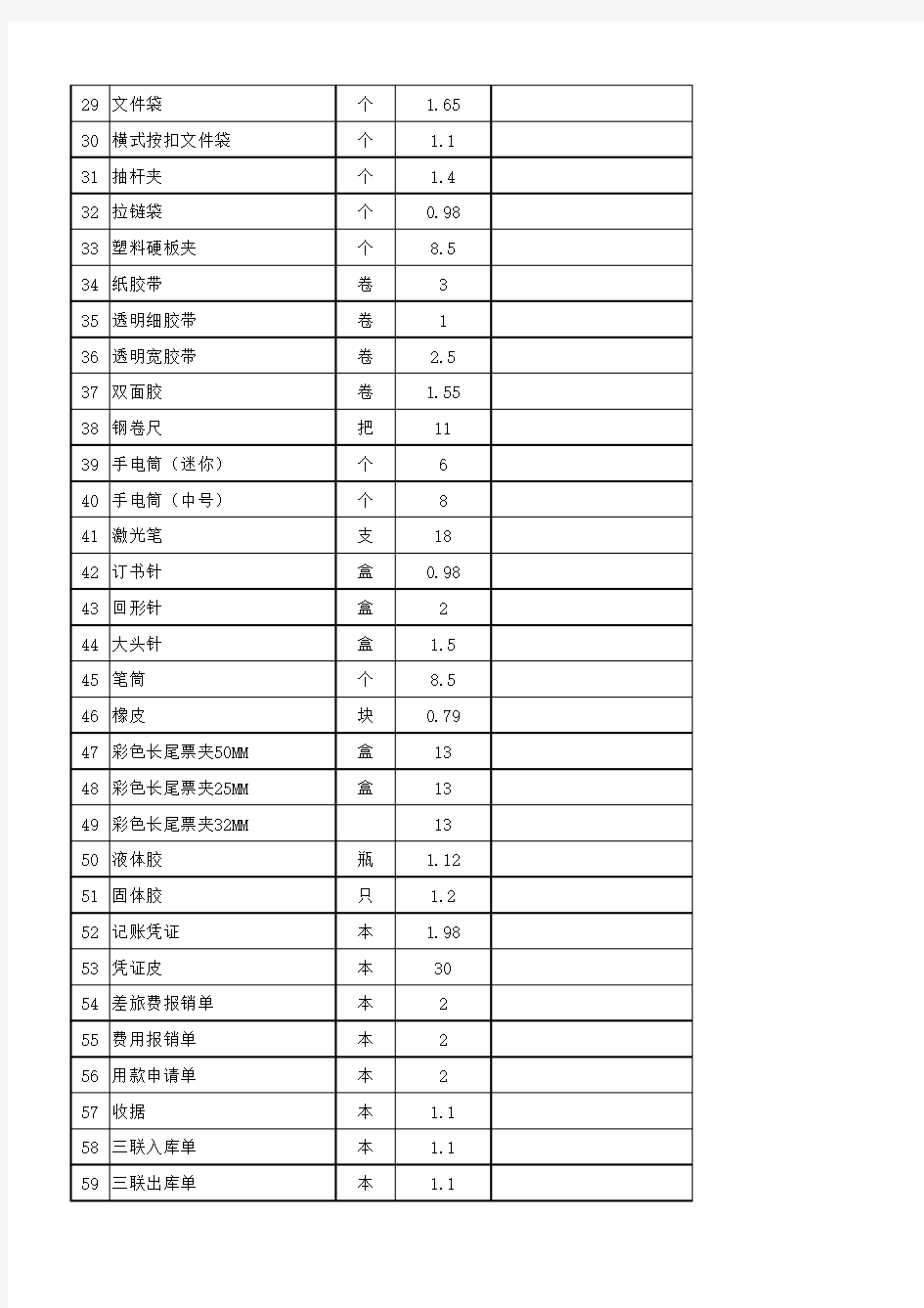 常用办公用品清单