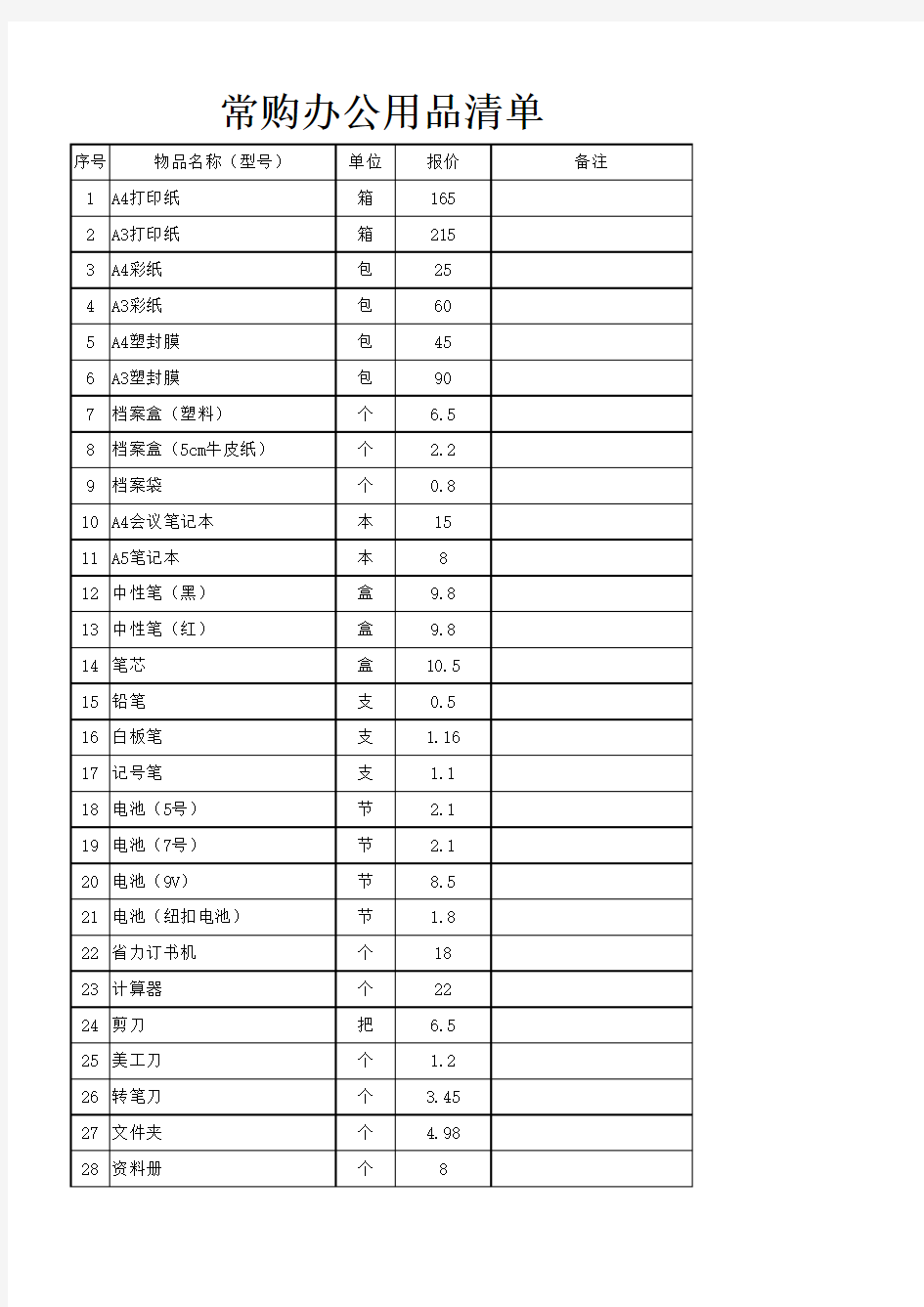 常用办公用品清单