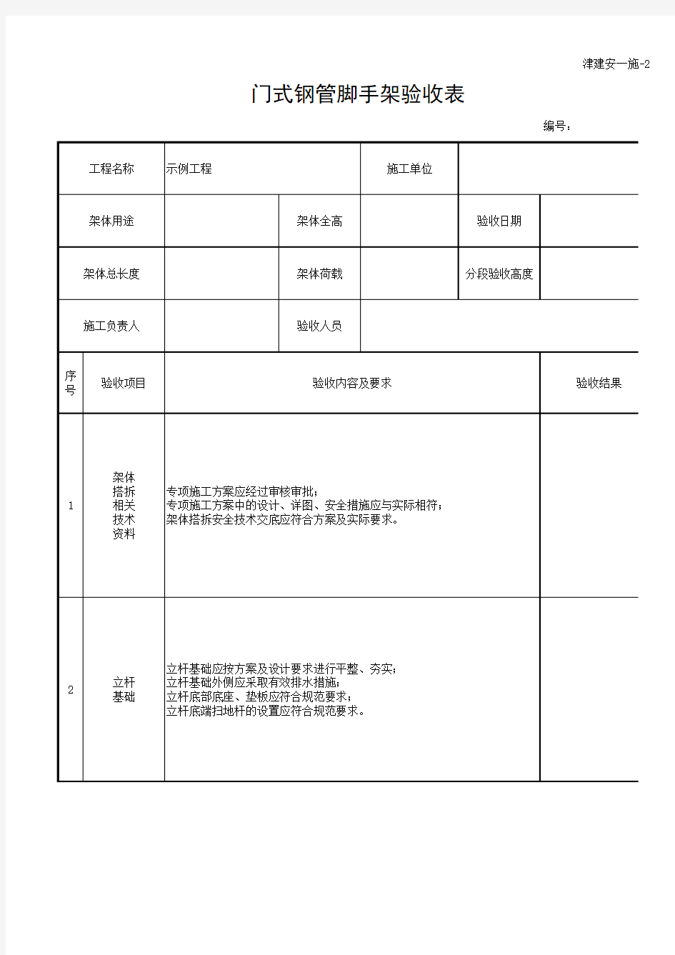 门式钢管脚手架验收表