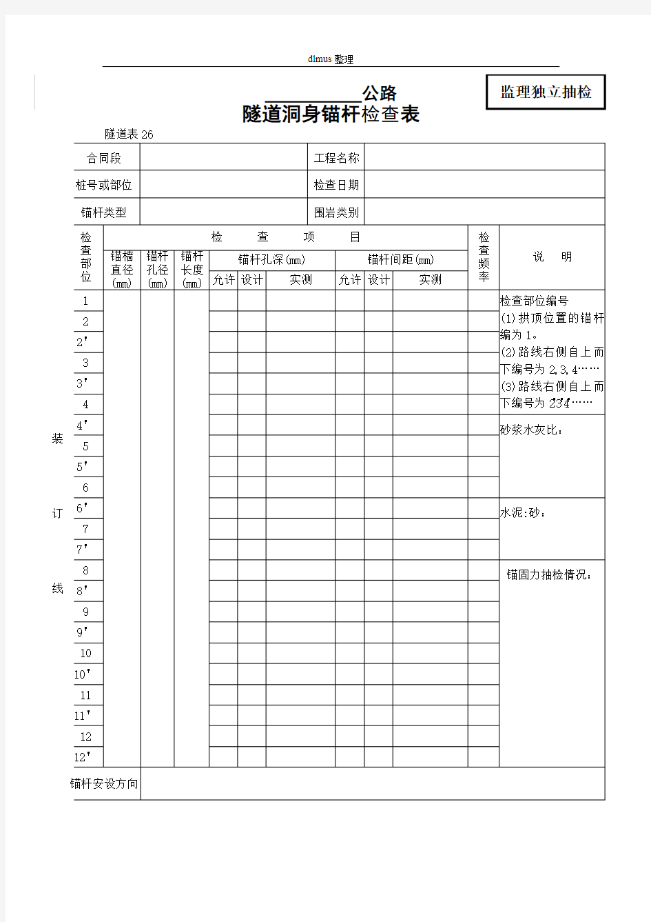 隧道洞身锚杆检查表