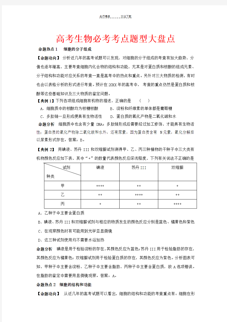 高考生物必考考点题型大盘点