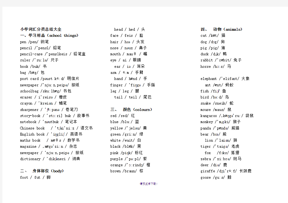 小学英语单词分类表大全a4完美打印版