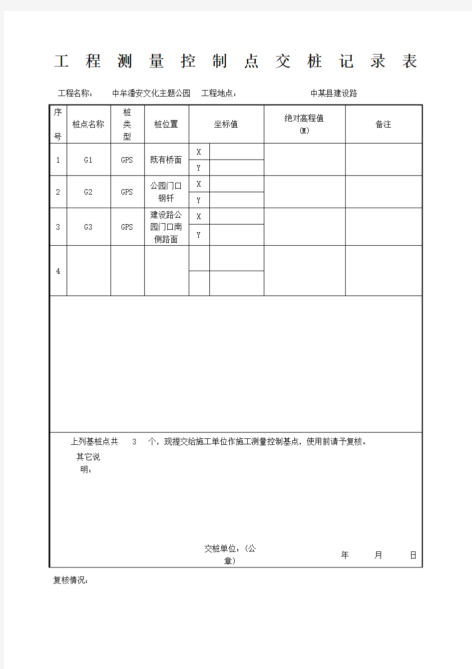 工程测量 控制点交桩记录表