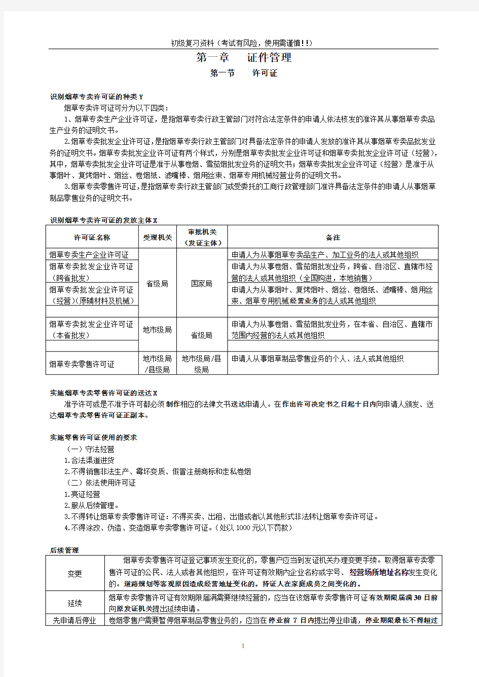 2018年烟草专卖技能鉴定初级技能知识要点