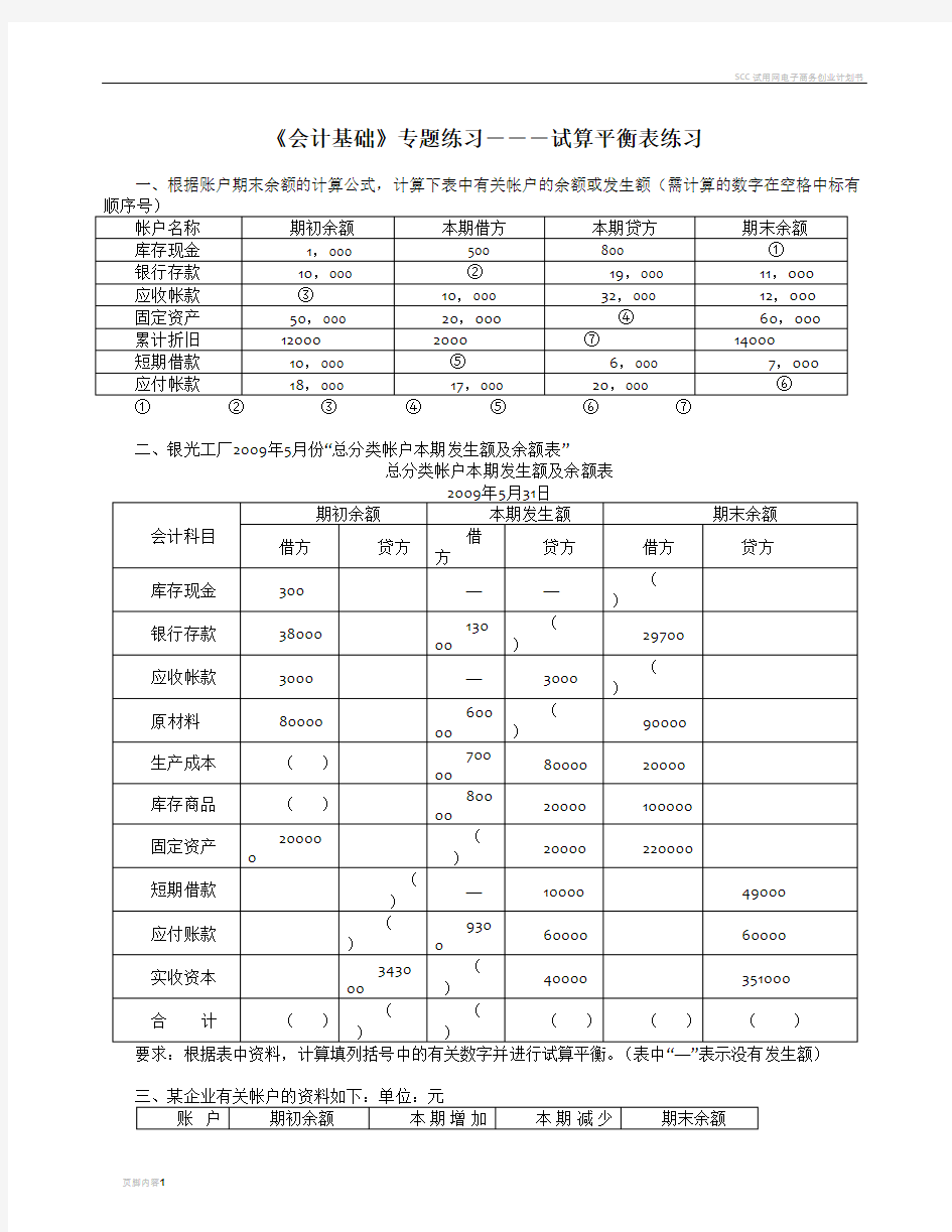 试算平衡表练习及答案