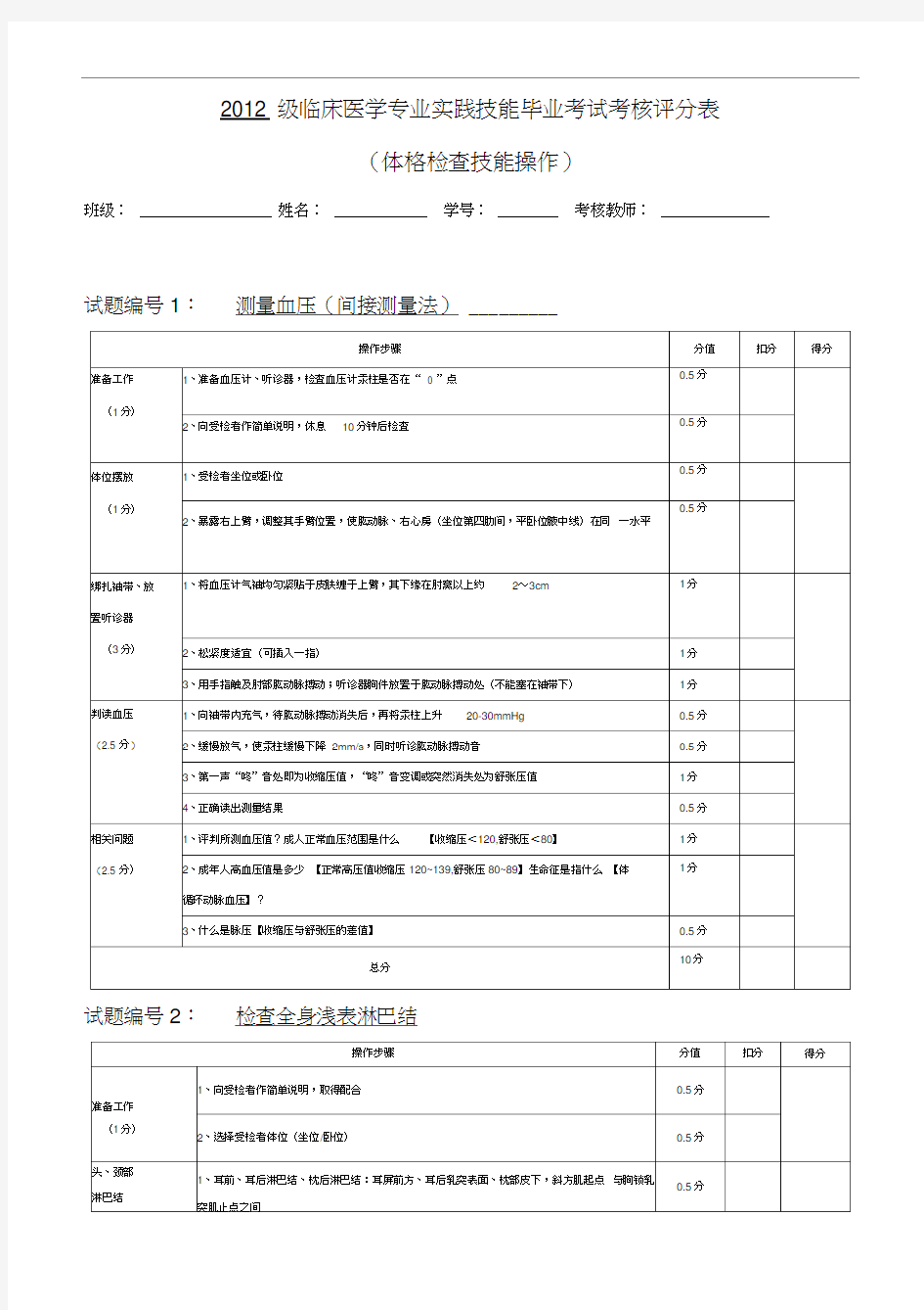 临床医学诊断体格检查技能操作考核评分表(排版好)