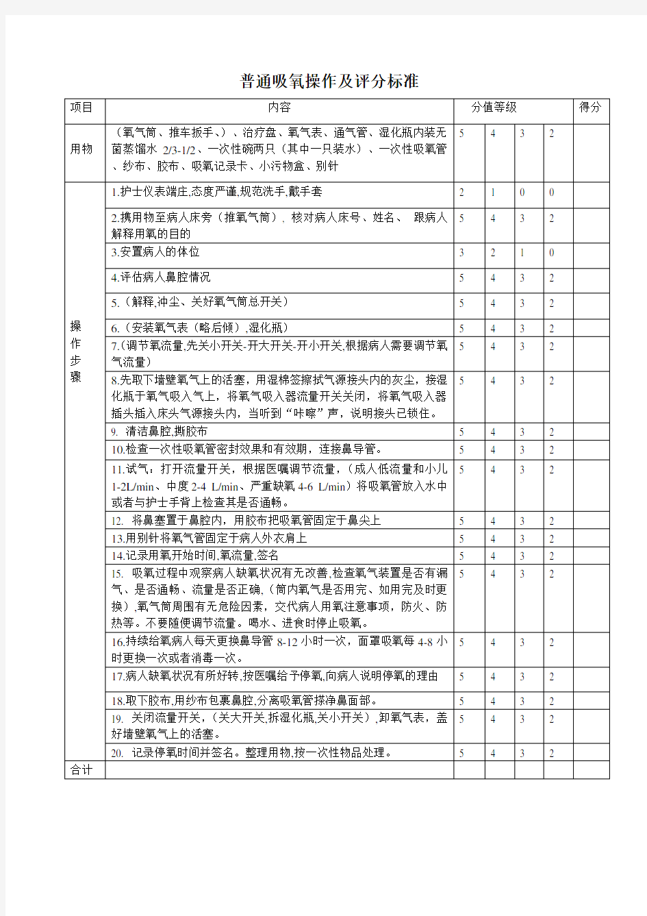 普通吸氧操作及评分标准